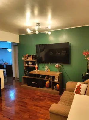 a living room with a flat screen tv on a green wall at Céntrico, acogedor y amplio apartamento en Magdalena in Lima
