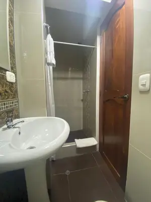 a bathroom with a sink and a shower at Hotel Horizonte in Machu Picchu