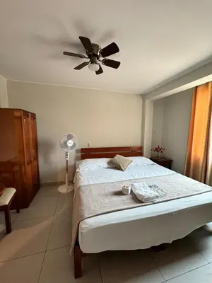 a bedroom with a bed with a ceiling fan at Hotel JOMA in San Vicente de Cañete