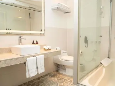 a bathroom with a toilet and a sink and a shower at Novotel Cusco in Cusco