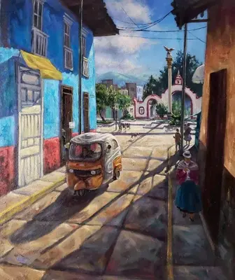 a painting of a street with a car parked on the street at Hospedaje Mónaco - Jauja Airport in Jauja