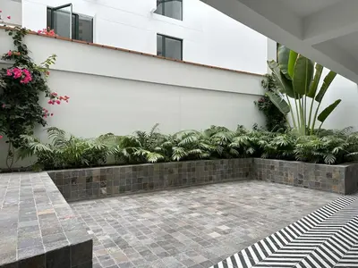 a courtyard with plants and a building at Vacation Escape - Elegant Barranco Stay near Beach & Art in Lima