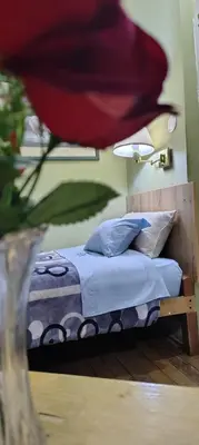 a bedroom with a bed with a red flower on the wall at Hospedaje CASA REAL in Huancayo