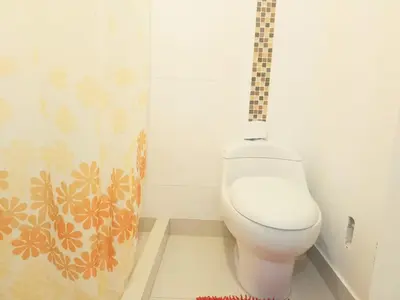 a bathroom with a toilet with a shower curtain at Departamentos Céntricos en Lima in Lima