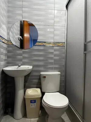 a bathroom with a toilet and a sink and a mirror at Hotel Eli House in Nazca