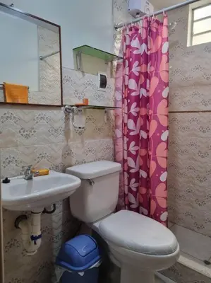 a bathroom with a toilet and a sink and a mirror at Apartamento amplio y acogedor in Huancayo
