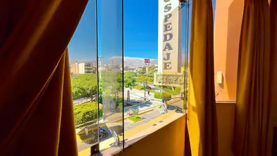 a view of a street from a hotel window at Hospedaje Sol de Oro in Nazca