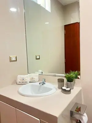 a bathroom with a sink and a large mirror at Rig Vêda Hotel in Lima