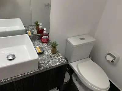 a bathroom with a white toilet and a sink at Enjoy Lima in a Renovated and Private Apt D in Lima