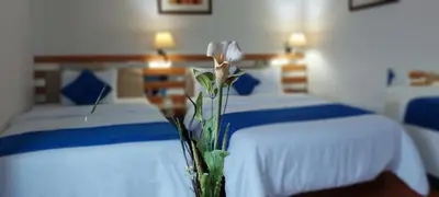 a vase with a white flower in a bedroom at Blue Star Hotel in Lima