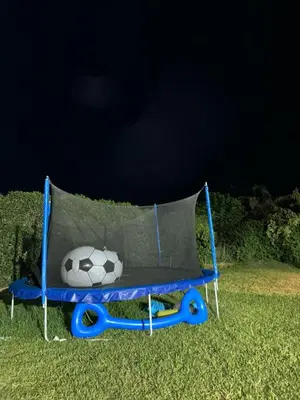 a soccer ball sitting on a cart in the grass at Casa de campo en Condominio in San Vicente de Cañete