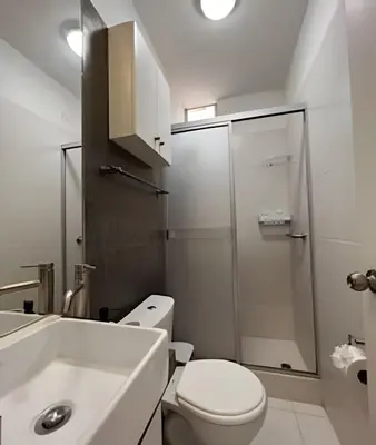 a white bathroom with a toilet and a shower at e-t*| Apartamento frente al mar in Cerro Azul