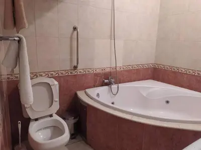 a bathroom with a bath tub and a toilet at Departamento frente a palacio gobierno in Lima