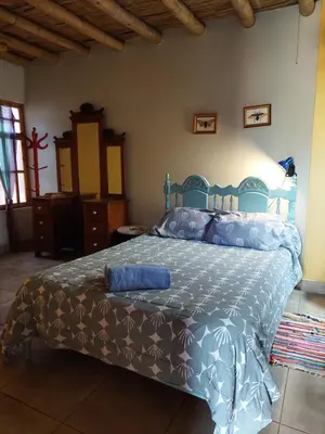 a bedroom with a bed with a blue bedspread at Soy y Luna- ECOALBERGUE RETABLOS PERU in Lunahuaná