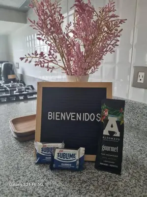 a counter with a box of bilken indos and a plant at Moderno departamento San Isidro in Lima