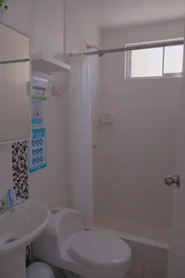 a white bathroom with a toilet and a sink at Hotel San Martín in San Juan de Marcona