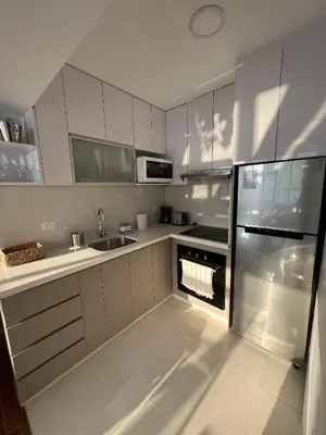 a kitchen with white cabinets and a stainless steel refrigerator at Wonderful apartment Miraflores Kennedy 603A in Lima