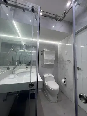 a bathroom with a toilet and a sink and a shower at Wonderful apartment Miraflores Kennedy 603A in Lima