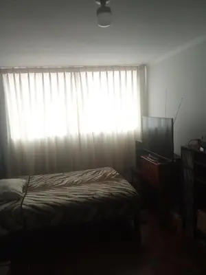 a bedroom with a bed and a window with a curtain at Cristal in Lima
