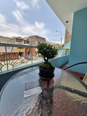 a small tree sitting on a glass table on a balcony at Apartamento-Santa Anita, Villa Caly in Lima