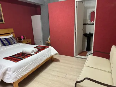 a bedroom with a bed and a chair and a mirror at Hotel Plateros in Cusco
