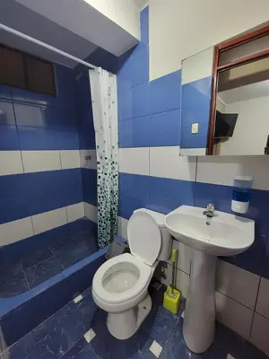 a blue and white bathroom with a toilet and a sink at Departamento, LUJO HOGAR cerca a PLAZA NORTE - UNI AEROPUERTO in Lima