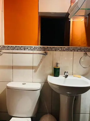 a bathroom with a toilet and a sink and a mirror at SARA GARDEN LODGE Ollantaytambo in Ollantaytambo