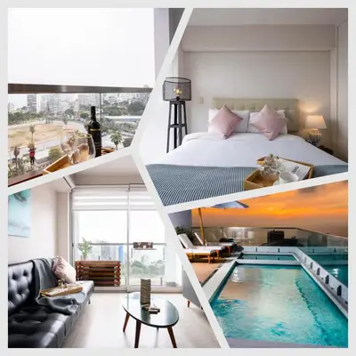a collage of photos of a hotel room with a swimming pool at Connect Apartment by Vibrant in Lima