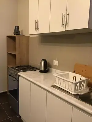 a kitchen with white cabinets and a stove and a sink at Hernandez suites Suite203 in Lima