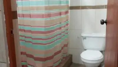 a bathroom with a toilet and a shower curtain at Hermanas Pimentel in Ica