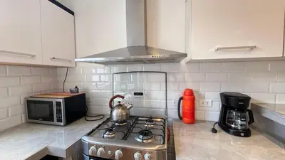 a kitchen with a stove and a microwave at RANCH HAUS OXAPAMPA - PeT FRIENDLY in Oxapampa