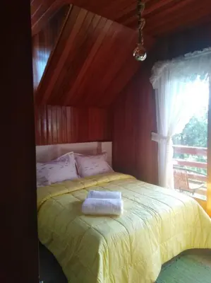a bedroom with a yellow bed with a window at Posada de la Sirga Oxapampa De 8 a 10 personas in Oxapampa