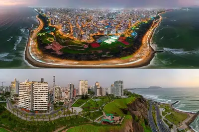 two pictures of a city and a beach at Private room by the sea Miraflores in Lima