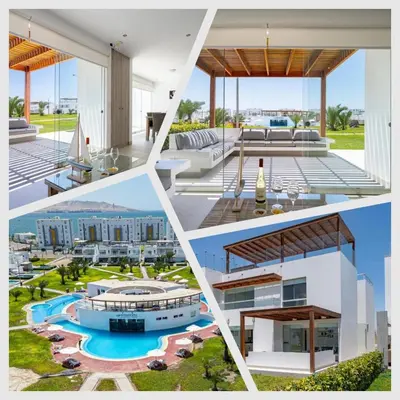 a collage of four pictures of a building at Sotavento Beach Homes by Vibrant in Paracas