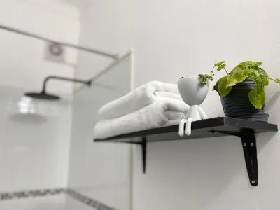 a shelf with a plant and a vase on it at 2 beds with garden view and terrace in Lima