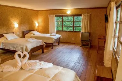 a room with two beds with swans on the floor at Cabañitas San José in Oxapampa