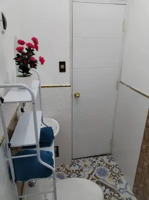 a bathroom with a toilet and a door and flowers at Cori Wasi in Cusco
