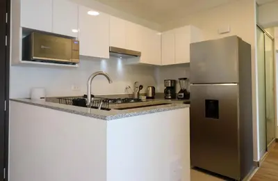 a kitchen with white cabinets and a stainless steel refrigerator at Aquilaria by Wynwood House in Lima
