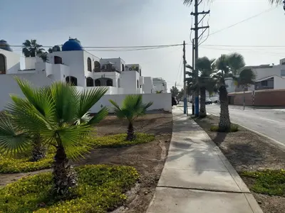 a sidewalk with palm trees in front of a building at Hogar de Jorge y Mary PLAYA SANTA MARÍA DEL MAR in Quebrada Seca