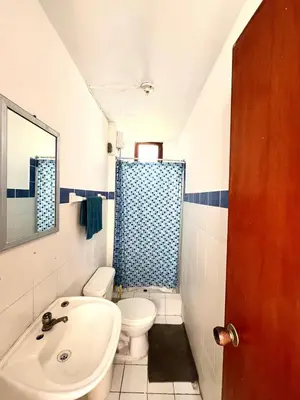 a bathroom with a sink and a toilet and a shower at 