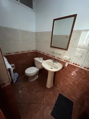a bathroom with a toilet and a sink and a mirror at Aquarium in Lima
