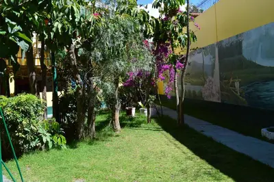 a wall with trees and flowers on the side of a building at Kibo Hotel in Ayacucho