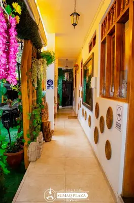 a corridor of a house with flowers and plants at Hotel SumacPlaza in Ayacucho