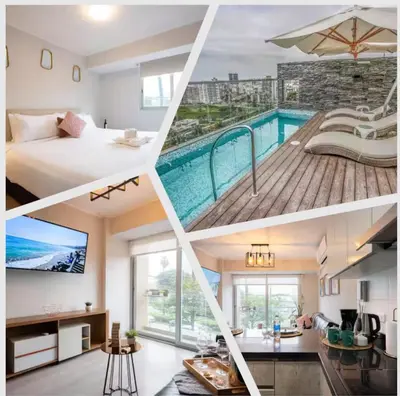 a collage of photos of a hotel room with a pool at Stelar Apartments by Vibrant in Lima
