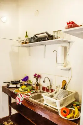 a kitchen with a sink and a counter with bananas at The Tree House in Cusco