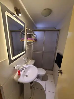 a bathroom with a sink and a toilet and a mirror at Departamento Centenario in Lima