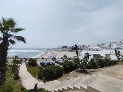 a view of a beach with palm trees and buildings at Depa en Punta Hermosa in Punta Hermosa