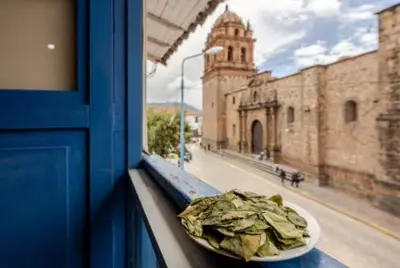 a bowl of leaves sitting on a window sill at Vista al Qoricancha - 2 cuadras de la Plaza in Cusco