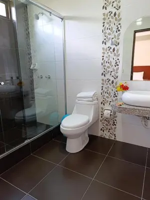 a bathroom with a toilet and a shower and a sink at Samana House Ollantaytambo in Ollantaytambo