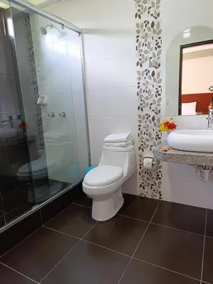 a bathroom with a toilet and a shower and a sink at Samana House Ollantaytambo in Ollantaytambo